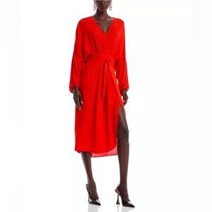 Vanessa Bruno Daessa Midi Dress Red Coquelicot Silk V-Neck Belted FR 38 US 6 NWT